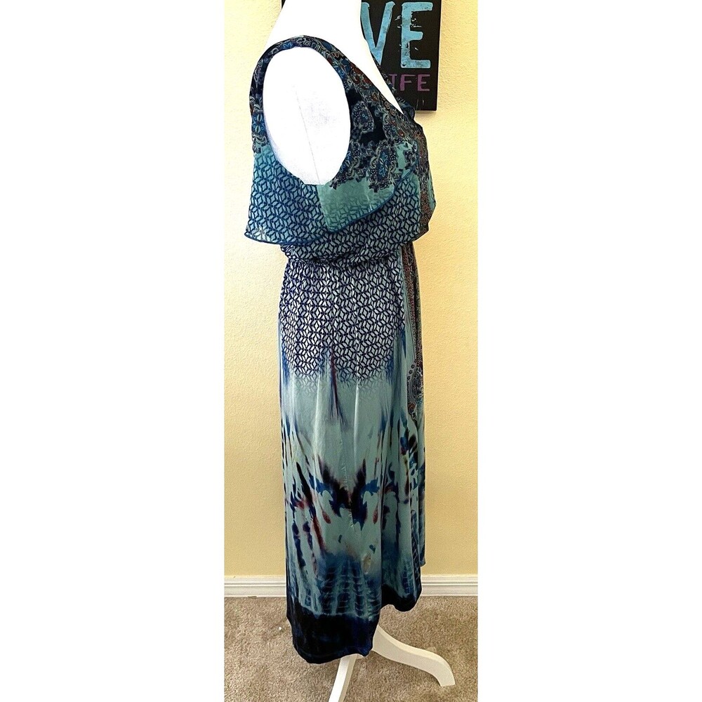 One World Paisley Boho Blue Ruffle Sleeveless Hi Lo Empire Waist Dress S - Picture 6 of 9